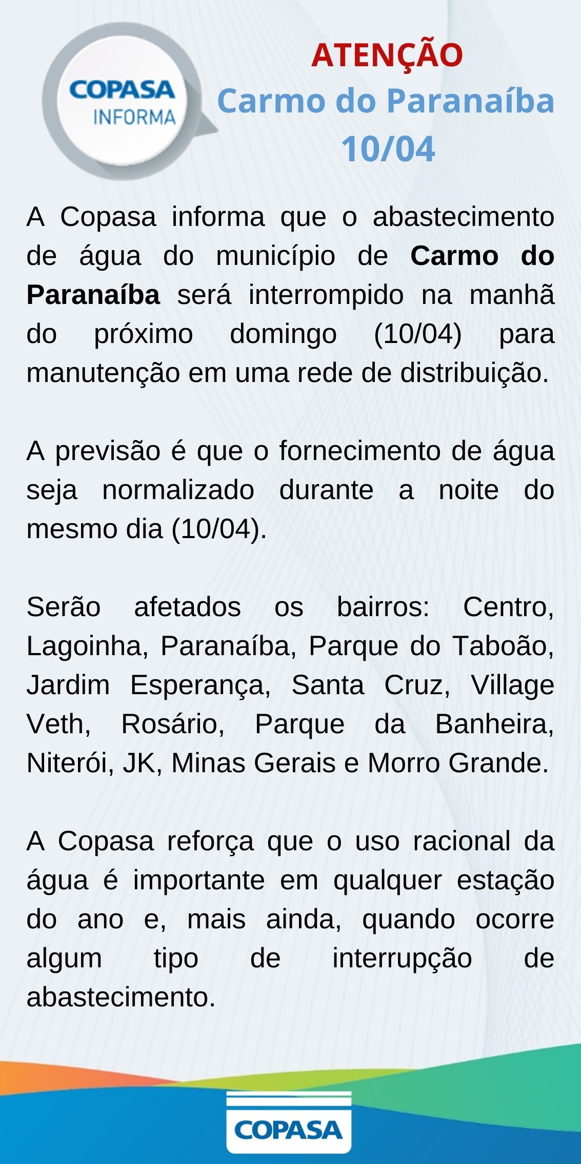 Patos de Minas: COPASA deixa 16 bairros sem água neste sábado