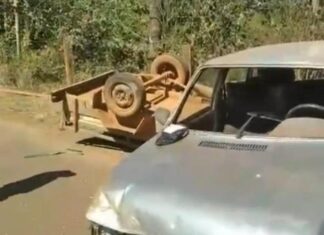Motorista perde controle direcional e atinge proteção de ponte sobre o Córrego Sapé na estrada que liga Lagoa Formosa ao Distrito de Limeira